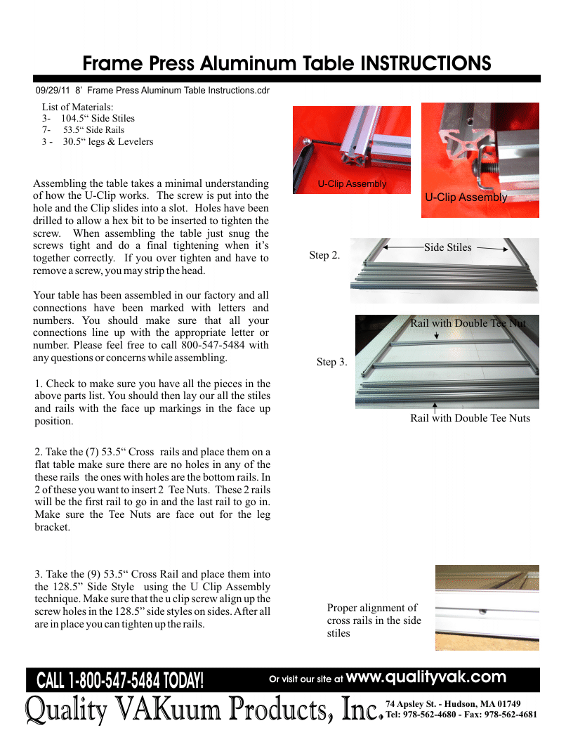 INSTRUCTIONS FOR ASSemBLING THE VAKUUM FRAME PRESS. Page 1